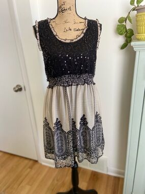 American Rag Black Sequin Bodice with Cream Lace-Overlay Midi Dress